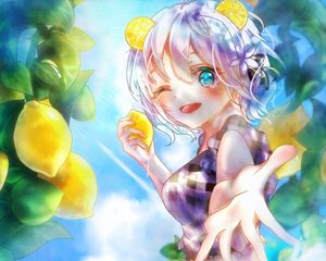 Preview wallpaper girl, smile, gesture, lemons, water, anime