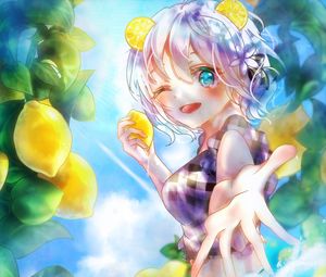 Preview wallpaper girl, smile, gesture, lemons, water, anime