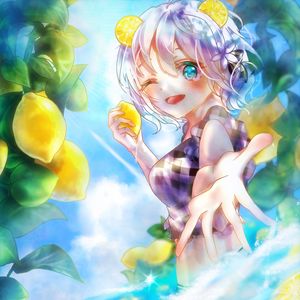 Preview wallpaper girl, smile, gesture, lemons, water, anime