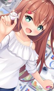 Preview wallpaper girl, smile, gesture, toy, anime