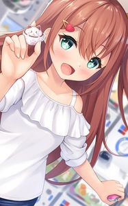 Preview wallpaper girl, smile, gesture, toy, anime