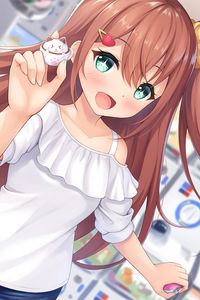 Preview wallpaper girl, smile, gesture, toy, anime