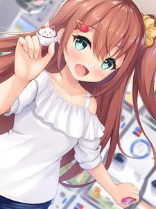 Preview wallpaper girl, smile, gesture, toy, anime