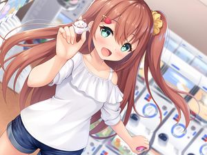 Preview wallpaper girl, smile, gesture, toy, anime