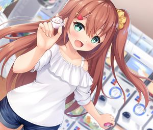 Preview wallpaper girl, smile, gesture, toy, anime