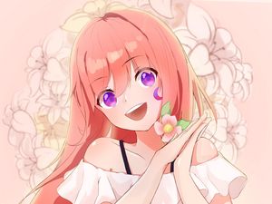 Preview wallpaper girl, smile, gesture, flower, anime, art