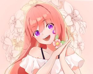 Preview wallpaper girl, smile, gesture, flower, anime, art