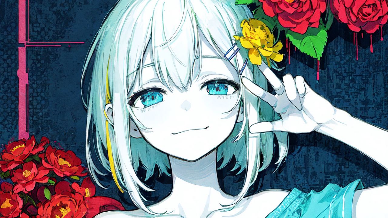 Wallpaper girl, smile, gesture, flowers, dress, anime