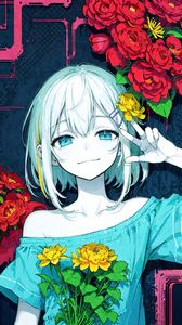 Preview wallpaper girl, smile, gesture, flowers, dress, anime