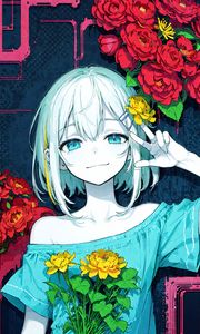 Preview wallpaper girl, smile, gesture, flowers, dress, anime