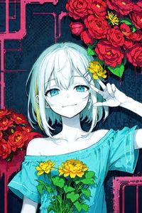 Preview wallpaper girl, smile, gesture, flowers, dress, anime