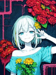 Preview wallpaper girl, smile, gesture, flowers, dress, anime