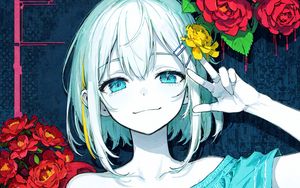 Preview wallpaper girl, smile, gesture, flowers, dress, anime