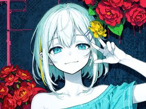 Preview wallpaper girl, smile, gesture, flowers, dress, anime
