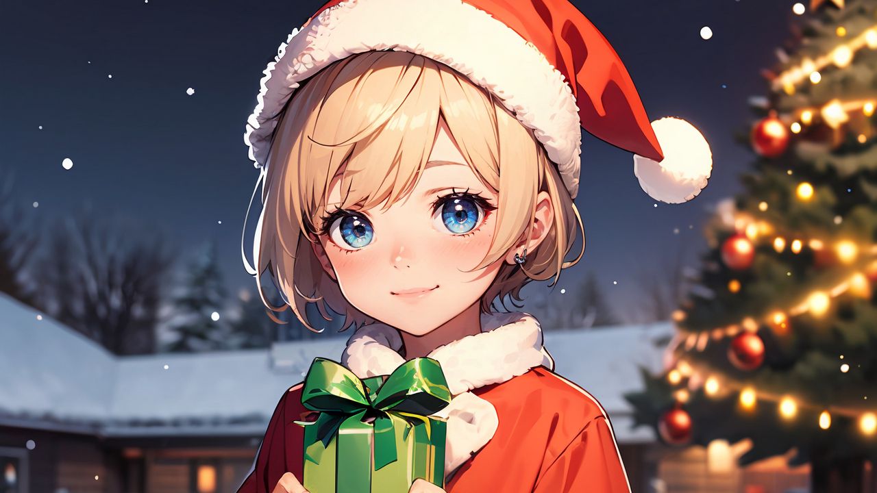 Wallpaper girl, smile, gift, santa claus, anime, new year, christmas