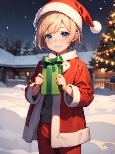 Preview wallpaper girl, smile, gift, santa claus, anime, new year, christmas