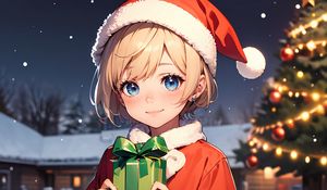 Preview wallpaper girl, smile, gift, santa claus, anime, new year, christmas