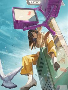 Preview wallpaper girl, smile, glance, platform, anime