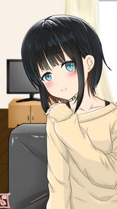 Preview wallpaper girl, smile, glance, sweater, anime, art