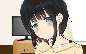 Preview wallpaper girl, smile, glance, sweater, anime, art