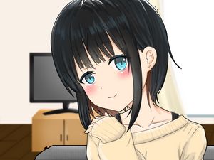 Preview wallpaper girl, smile, glance, sweater, anime, art