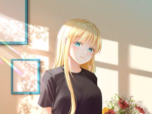 Preview wallpaper girl, smile, glance, interior, anime, art