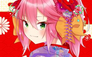 Preview wallpaper girl, smile, glance, flowers, anime