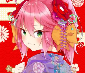 Preview wallpaper girl, smile, glance, flowers, anime