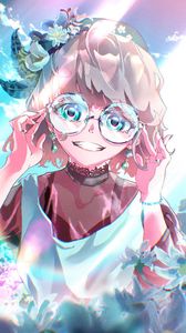 Preview wallpaper girl, smile, glasses, flowers, anime