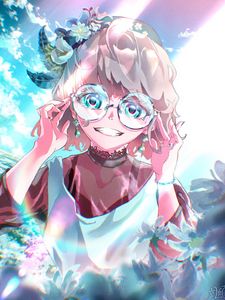 Preview wallpaper girl, smile, glasses, flowers, anime