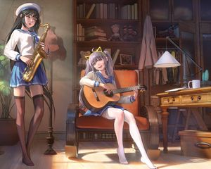 Preview wallpaper girl, smile, guitar, musician, anime, art