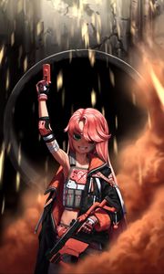 Preview wallpaper girl, smile, guns, weapon, smoke, anime, art