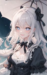 Preview wallpaper girl, smile, hair, dress, anime, umbrella