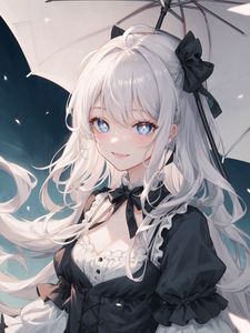 Preview wallpaper girl, smile, hair, dress, anime, umbrella