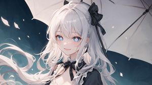 Preview wallpaper girl, smile, hair, dress, anime, umbrella