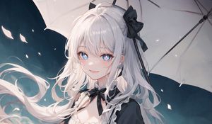 Preview wallpaper girl, smile, hair, dress, anime, umbrella