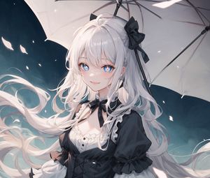 Preview wallpaper girl, smile, hair, dress, anime, umbrella