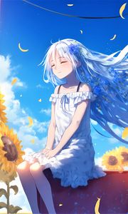 Preview wallpaper girl, smile, hair, sunflowers, anime