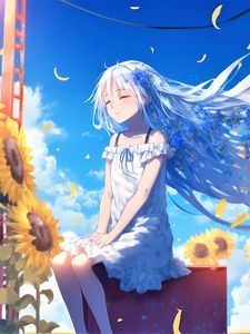 Preview wallpaper girl, smile, hair, sunflowers, anime