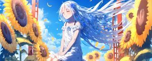 Preview wallpaper girl, smile, hair, sunflowers, anime
