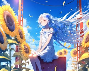 Preview wallpaper girl, smile, hair, sunflowers, anime