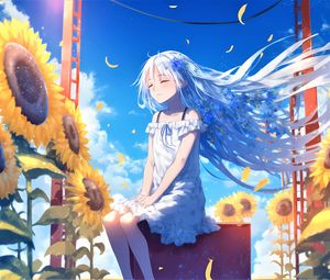 Preview wallpaper girl, smile, hair, sunflowers, anime