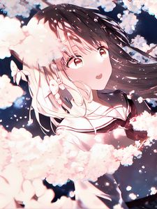 Preview wallpaper girl, smile, hair, flowers, pink