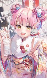 Preview wallpaper girl, smile, hairpins, kimono, toy, anime