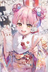 Preview wallpaper girl, smile, hairpins, kimono, toy, anime