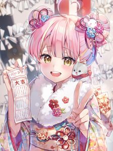 Preview wallpaper girl, smile, hairpins, kimono, toy, anime