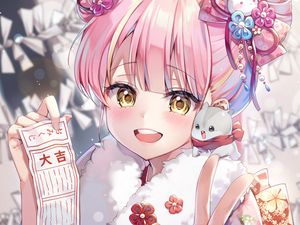 Preview wallpaper girl, smile, hairpins, kimono, toy, anime