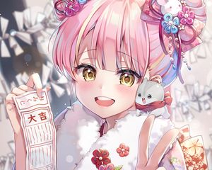 Preview wallpaper girl, smile, hairpins, kimono, toy, anime