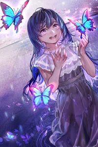 Preview wallpaper girl, smile, happy, butterflies, anime, art