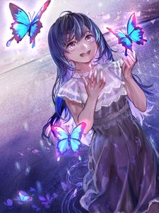 Preview wallpaper girl, smile, happy, butterflies, anime, art